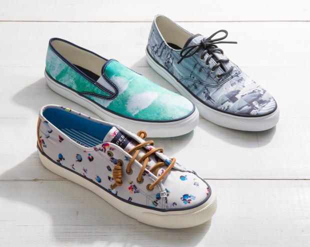 Photographs of beach moments from Lisbon, Cape Town, and Italy appear on three  silhouettes: the Sperry Seacoast, the Sperry Cloud CVO Slip-On, and the Sperry Cloud CVO.