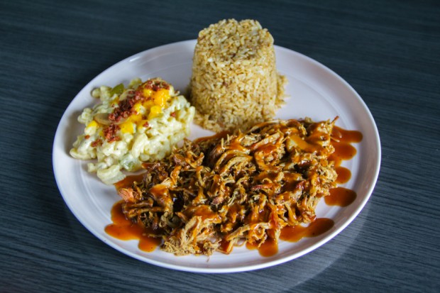 Smoked Pulled Pork Plate with Dirty Rice and Truffled Mac and Cheese
