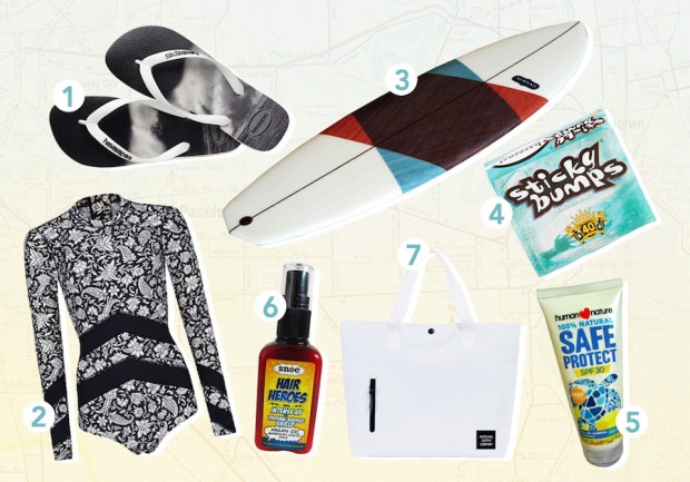 Havaianas Top “Hype Wave” Print (P1,095). Available at Common Thread and All Flip-Flops. 2: O’Neill Paisley Print Rash Guard (P5,490). Available at Grind and R.O.X. Philippines. 3: Almont 6’0 Kookumber Singlefin Surfboard (P42,750). Available at Easy Skate Surf. 4: Sticky Bumps Surfwax (P675). Available at Easy Skate Surf. 5: Human Nature Safeblock Sunscreen (P399.75). Available at Human Nature. 6: Snoe Beauty Hair Heroes Intense UV and Thermal Barrier Shield (P299). Available at Snoe Beauty. 7: Herschel Alexander Tote (P5,290). Available at Grind, General, and Herschel