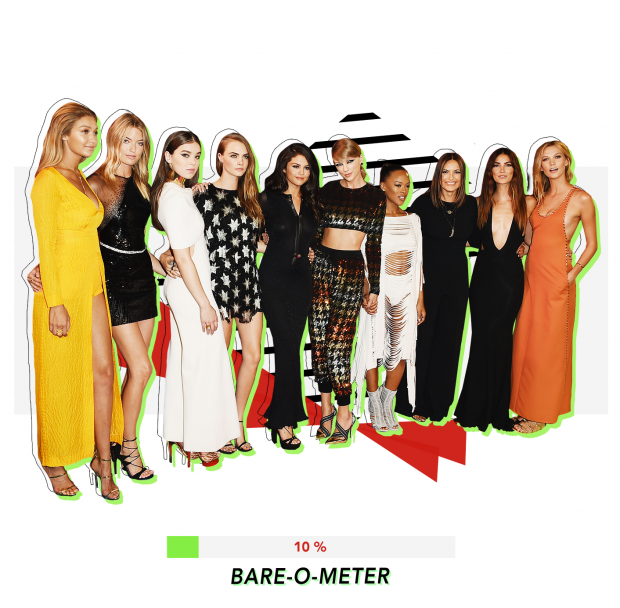 From left to right: Gigi Hadid, Martha Hunt, Hailee Steinfeld, Cara Delevingne, Selena Gomez, Taylor Swift, Serayah, Mariska Hargitay, Lily Aldridge, and Karlie Kloss