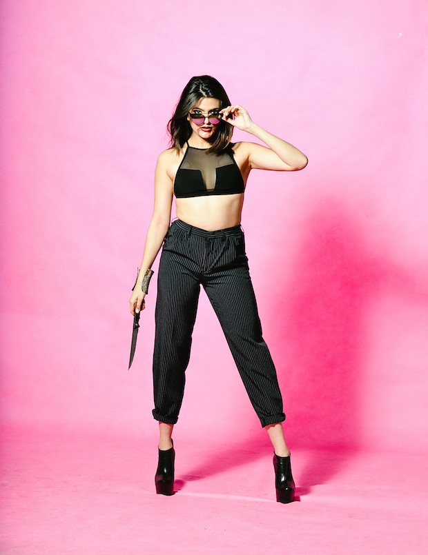 Katarina in Sunnies Studios shades, a Beetroot croptop, and L+A pants. 