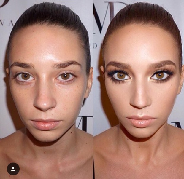 A before-and-after shot of the model's makeup transformation by Mario