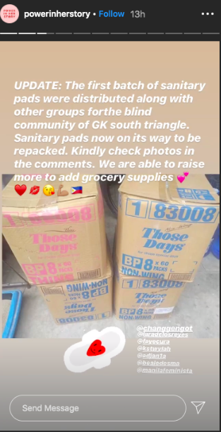 IG stories sanitary pads donation