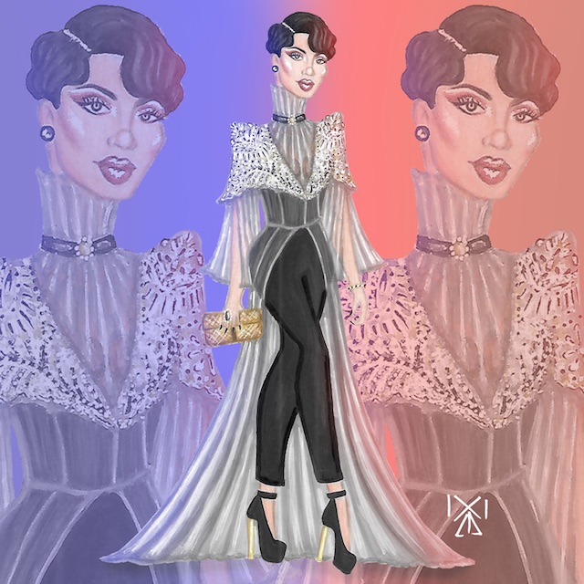 A modern Maria Clara fashion illustration with a mix of feminine and androgynous elements