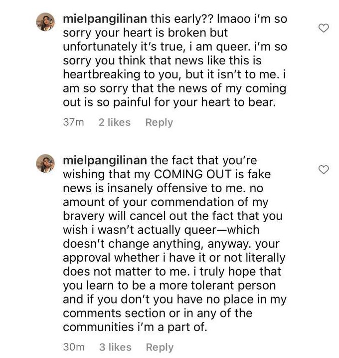 Miel Pangilinan instagram reply to homophobe